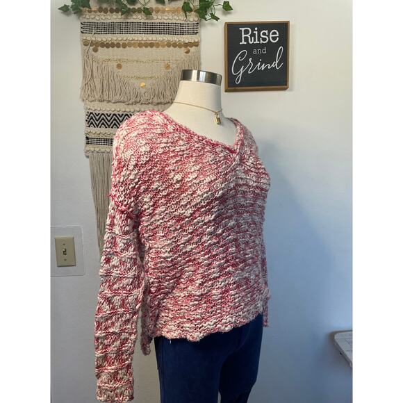 Free People Womans Stretchy Red & Cream V Neck Knit Sweater Top M - Picture 5 of 11